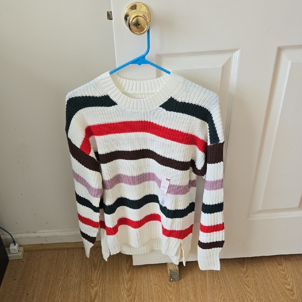 SO Women's White Sweater with Red, Black, Brown & Pink Stripes